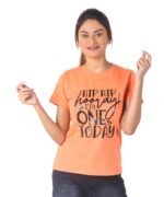 Womens Orange Printed Round Neck Top