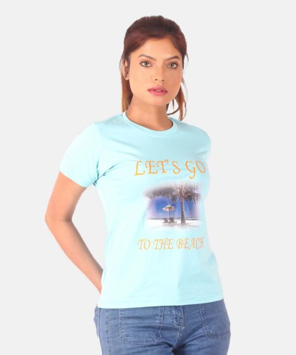Womens Sky Blue Printed Round Neck Top - Image 1