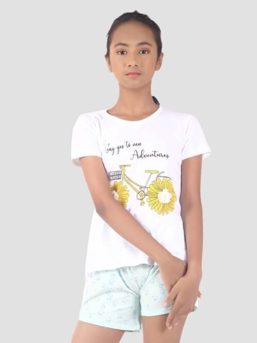 White Printed Cotton Tee For Girls