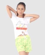 White Printed Round Neck Tee For Girls