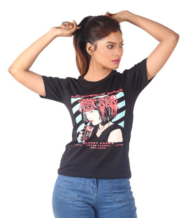 Womens Black Printed Round Neck Top - Image 1