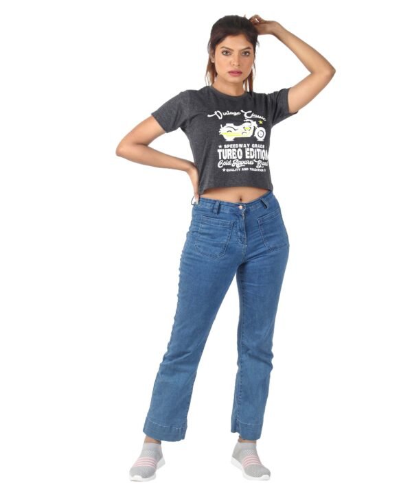 Womens Dark Grey Printed Round Neck Top - Image 4