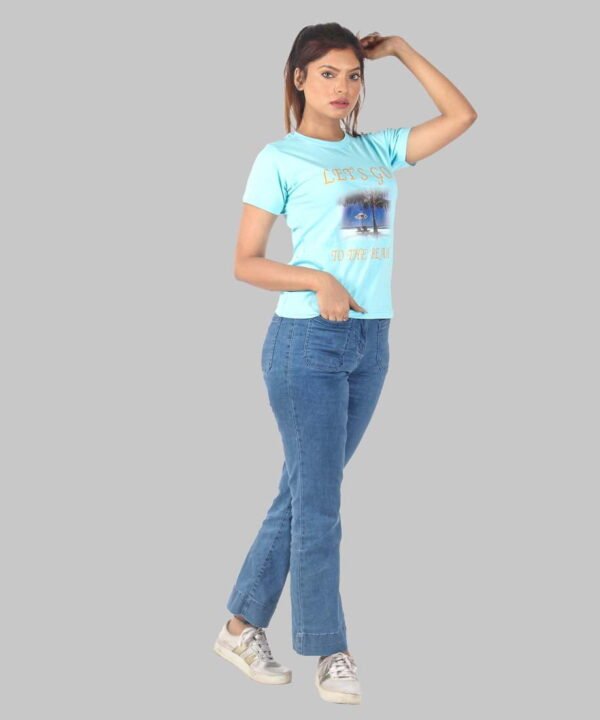 Womens Sky Blue Printed Round Neck Top - Image 3