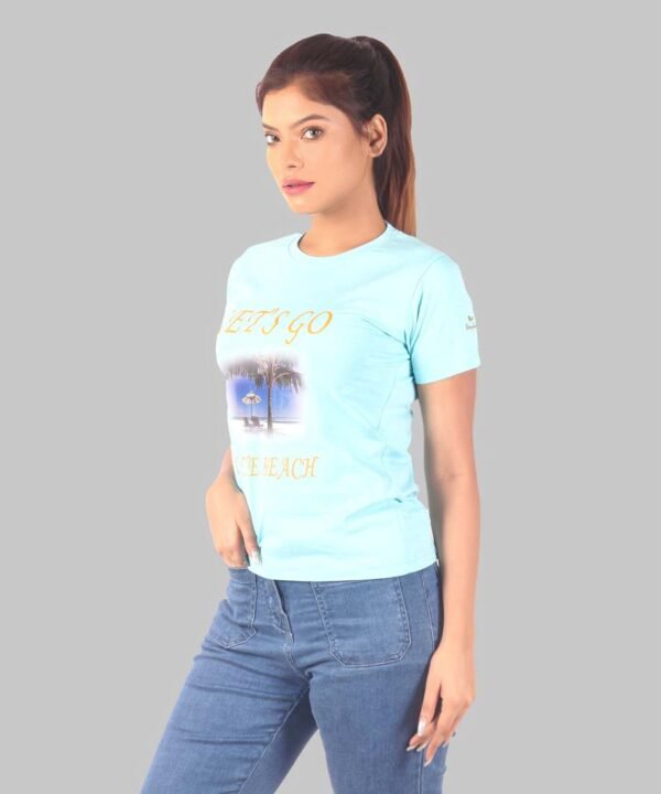 Womens Sky Blue Printed Round Neck Top - Image 4