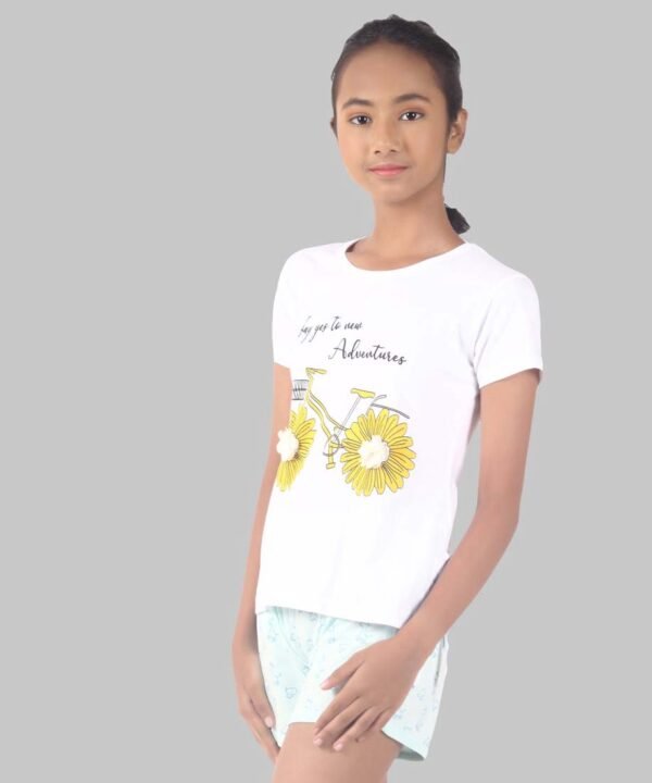 White Printed Cotton Tee For Girls - Image 4