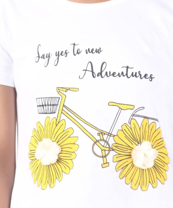 White Printed Cotton Tee For Girls - Image 5