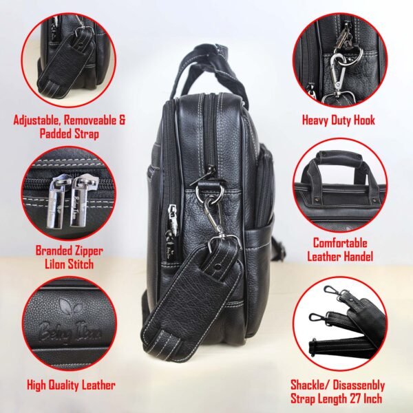 Genuine Leather 14 Ltrs Black Laptop Bag for Men with Padded Laptop Compartment | Everyday Crossbody Shoulder Office Messenger Bag_Black_Black - Image 4
