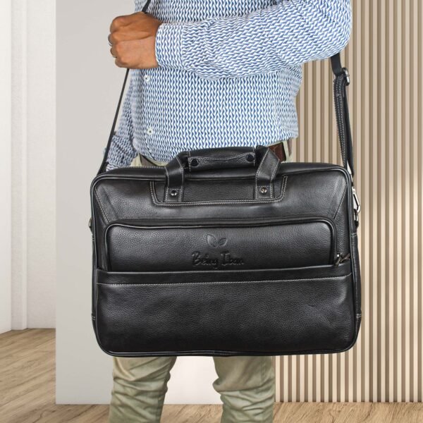 Genuine Leather 14 Ltrs Black Laptop Bag for Men with Padded Laptop Compartment | Everyday Crossbody Shoulder Office Messenger Bag_Black_Black - Image 2