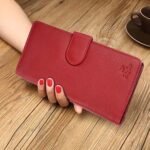 Women Wallet Genuine Leather RFID Blocking Designer Trifold Handbag Card Holder Ladies Phone Clutch With ID Window_Maroon
