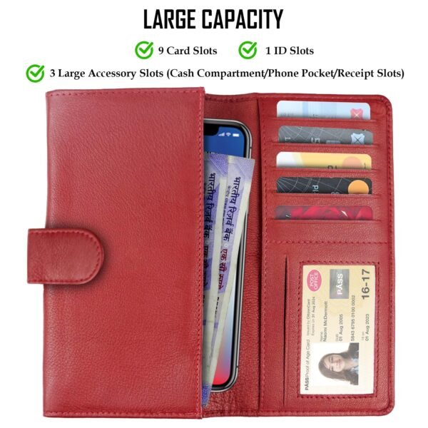 Women Wallet Genuine Leather RFID Blocking Designer Trifold Handbag Card Holder Ladies Phone Clutch With ID Window_Maroon - Image 3