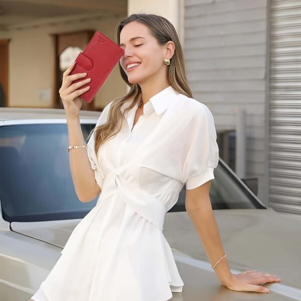 Women Wallet Genuine Leather RFID Blocking Designer Trifold Handbag Card Holder Ladies Phone Clutch With ID Window_Maroon - Image 4