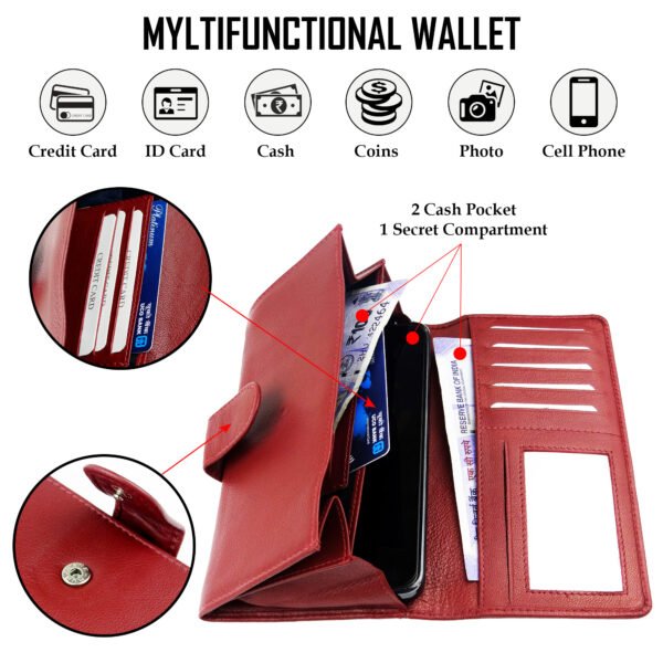 Women Wallet Genuine Leather RFID Blocking Designer Trifold Handbag Card Holder Ladies Phone Clutch With ID Window_Maroon - Image 2