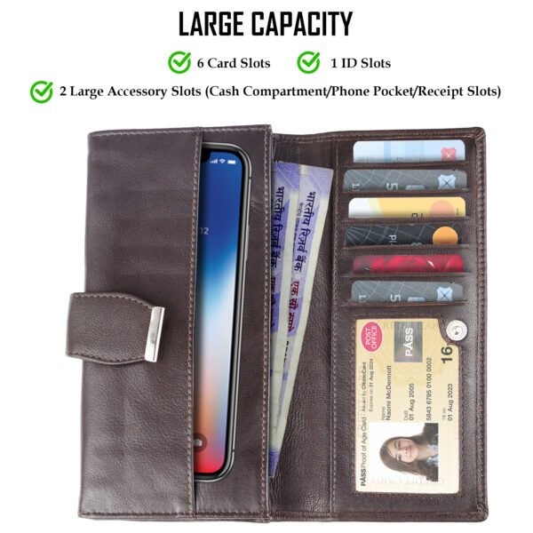 Women Wallet Genuine Leather RFID Blocking Designer Trifold Handbag Card Holder Ladies Phone Clutch With ID Window_Chocolate Brown - Image 3