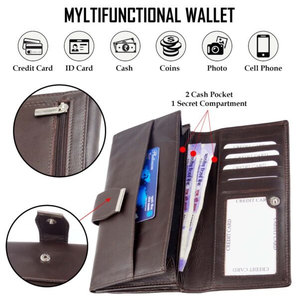 Women Wallet Genuine Leather RFID Blocking Designer Trifold Handbag Card Holder Ladies Phone Clutch With ID Window_Chocolate Brown - Image 2