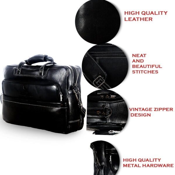 Genuine Leather 14 Ltrs Black Laptop Bag for Men with Padded Laptop Compartment | Everyday Crossbody Shoulder Office Messenger Bag_Black_Black - Image 7