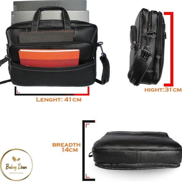 Genuine Leather 14 Ltrs Black Laptop Bag for Men with Padded Laptop Compartment | Everyday Crossbody Shoulder Office Messenger Bag_Black_Black - Image 6