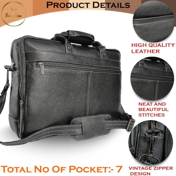 Genuine Leather 14 Ltrs Black Laptop Bag for Men with Padded Laptop Compartment | Everyday Crossbody Shoulder Office Messenger Bag_Black_Black - Image 8