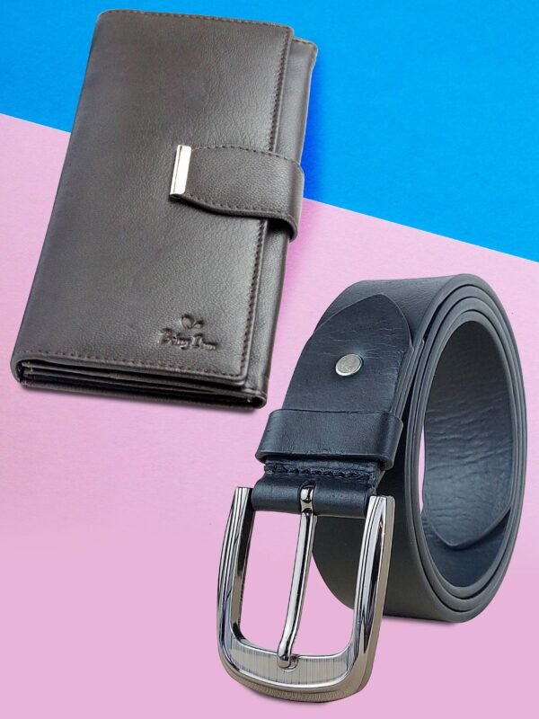 Genuine Leather Handbag & Belt Combo Gift Set For Women |RFID Leather Purse and Casual Jeans Belt Combo Gift For Girlfriend | Leather Clutch and Belt Gift Hamper for Women_Black - Image 1