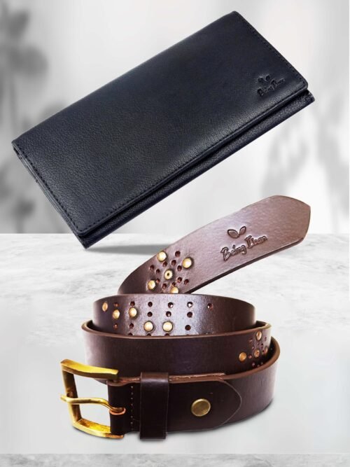 Genuine Leather Handbag & Belt Combo Gift Set For Women |RFID Leather Purse and Casual Jeans Belt Combo Gift For Girlfriend | Leather Clutch and Belt Gift Hamper for Women_Black