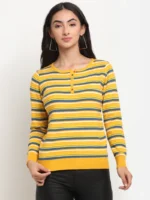 Women Mustard Round Neck Striped Regular Fit Pullover