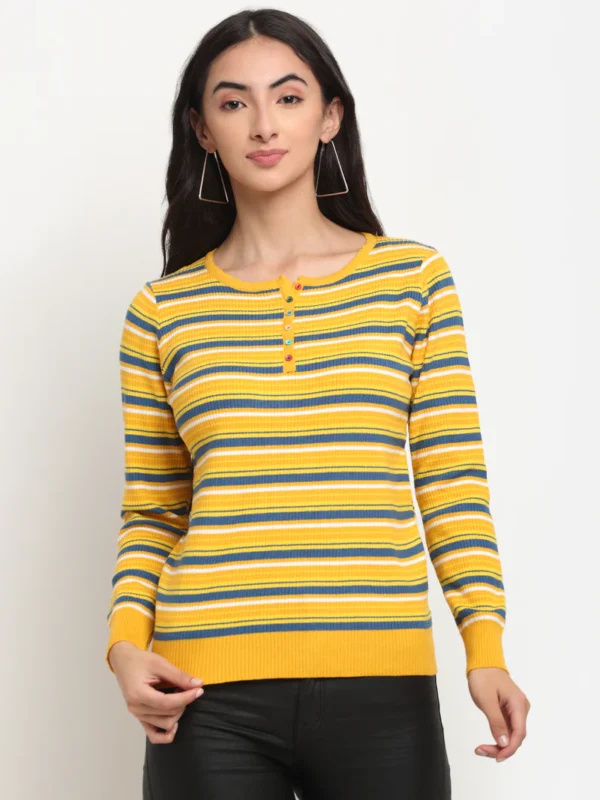 Women Mustard Round Neck Striped Regular Fit Pullover - Image 1