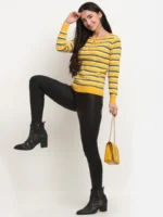 Women Mustard Round Neck Striped Regular Fit Pullover - Image 2