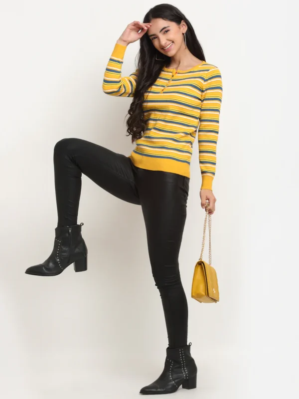 Women Mustard Round Neck Striped Regular Fit Pullover - Image 2