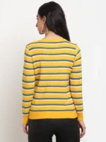 Women Mustard Round Neck Striped Regular Fit Pullover - Image 3