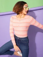 Women Jacquard Pink Stripped Regular Fit Pullover - Image 3