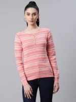 Women Jacquard Pink Stripped Regular Fit Pullover