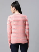 Women Jacquard Pink Stripped Regular Fit Pullover - Image 2