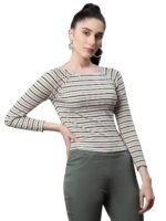 Women Beige Embroidered Cropped Blouse Top - Image 4