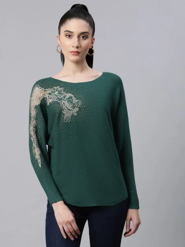 SM2850367_1 Women Embellished Green Woolen Regular Fit Party Pullover - Image 1