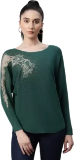 Women Embellished Green Woolen Regular Fit Party Pullover - Image 2
