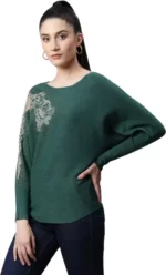 Women Embellished Green Woolen Regular Fit Party Pullover - Image 4