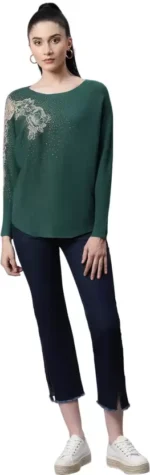 Women Embellished Green Woolen Regular Fit Party Pullover - Image 5