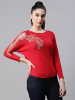 Women Embellished Red Woolen Regular Fit Party Pullover - Image 2