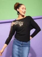 Women Embellished Black Woolen Regular Fit Party Pullover_Free Size