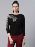 Women Embellished Black Woolen Regular Fit Party Pullover_Free Size - Image 2
