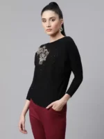 Women Embellished Black Woolen Regular Fit Party Pullover_Free Size - Image 3