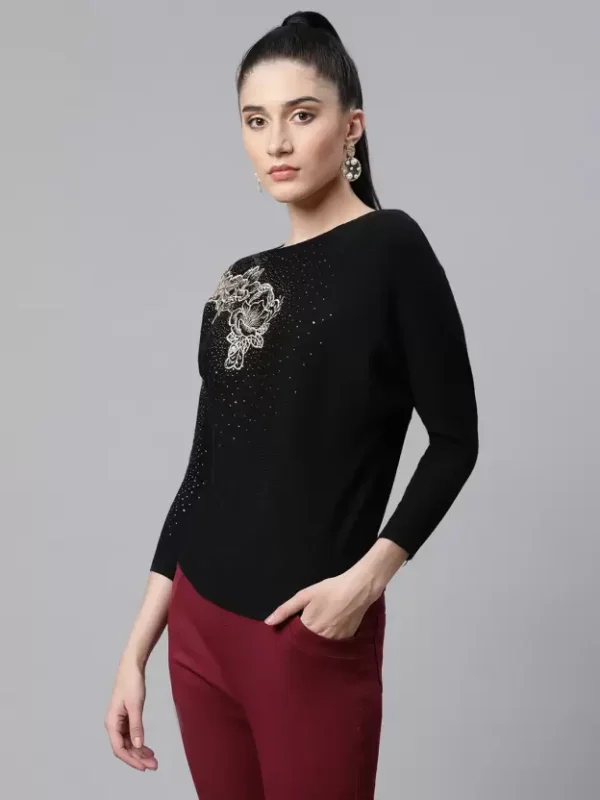Women Embellished Black Woolen Regular Fit Party Pullover_Free Size - Image 3