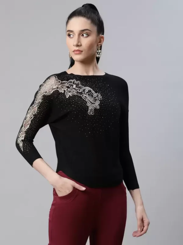 Women Embellished Black Woolen Regular Fit Party Pullover_Free Size - Image 4