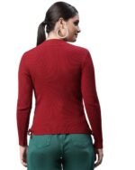 Women Round Neck Ribbed Full Sleeves Maroon Slim Fit Pullover - Image 3