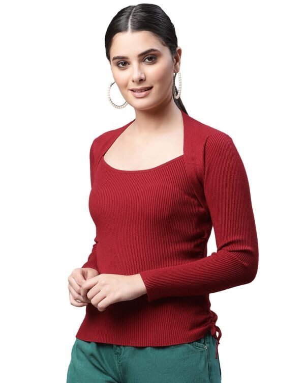 Women Round Neck Ribbed Full Sleeves Maroon Slim Fit Pullover - Image 4