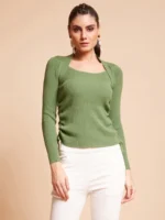 Women Asymmetric Neck Ribbed Full Sleeves Slim Fit Pullover