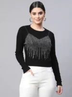 Women Round Neck Black Embellished Slim Fit Pullover