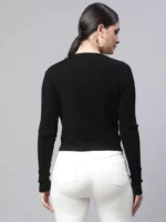 Women Round Neck Black Embellished Slim Fit Pullover - Image 3