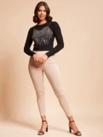 Women Round Neck Black Embellished Slim Fit Pullover - Image 4