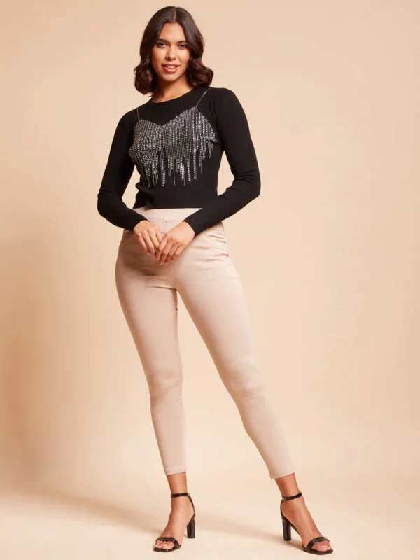 Women Round Neck Black Embellished Slim Fit Pullover - Image 4