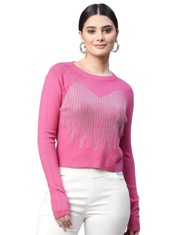 Women Round Neck Cropped Slim Fit Knitted Pullover - Image 1